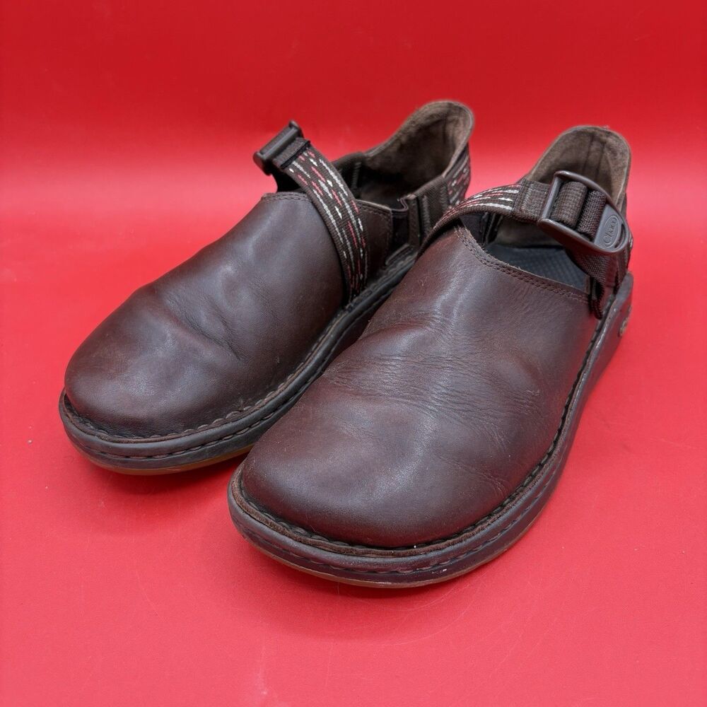 Chaco Woman's Pedshed Brown Leather Clog Buckle Ankle Strap Slip On Mules 9.5